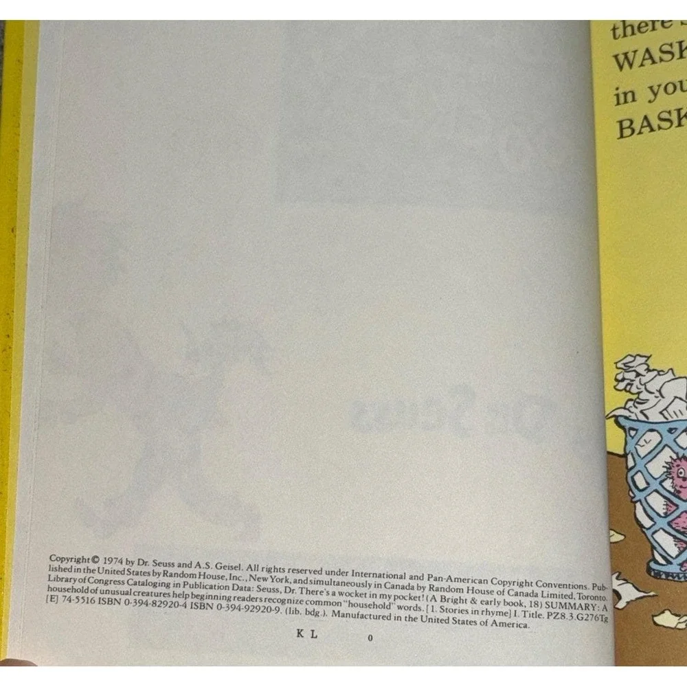 Dr. Seuss There's a Wocket in My Pocket! Bright & Early Books. 1974 Hardcover